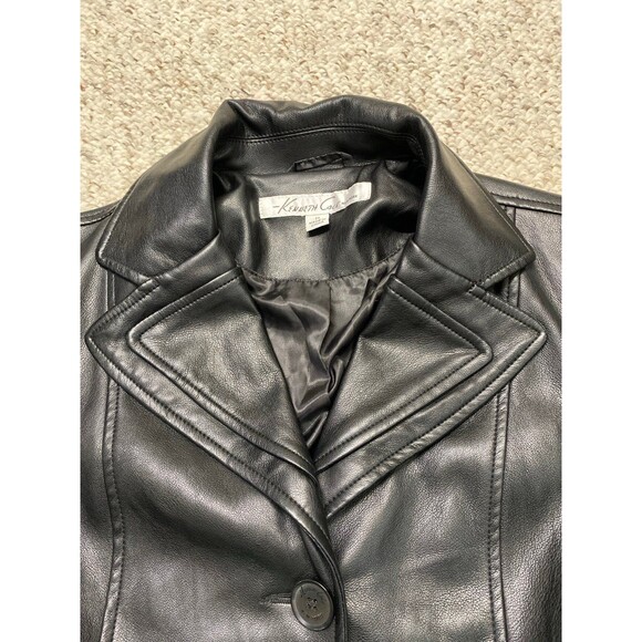 Kenneth Cole Black Faux Leather Trench Coat – Belted Longline Moto Chic M - Picture 3 of 12